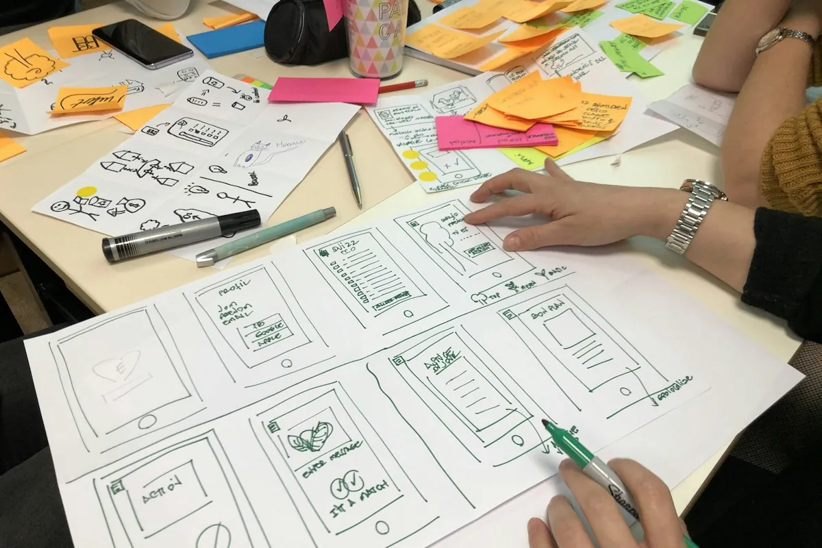 Hands sketching eLearning screen layouts for a storyboard on paper, with sticky notes around