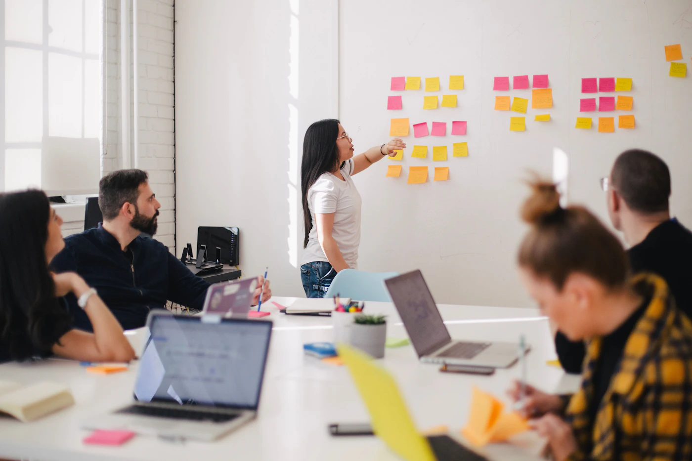 Instructional designers planning a custom eLearning course outline on a whiteboard