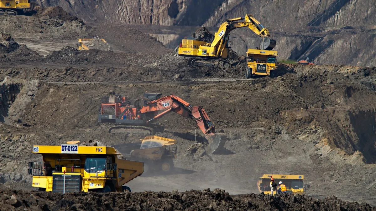 Excavators and haul trucks working in an open-pit mine