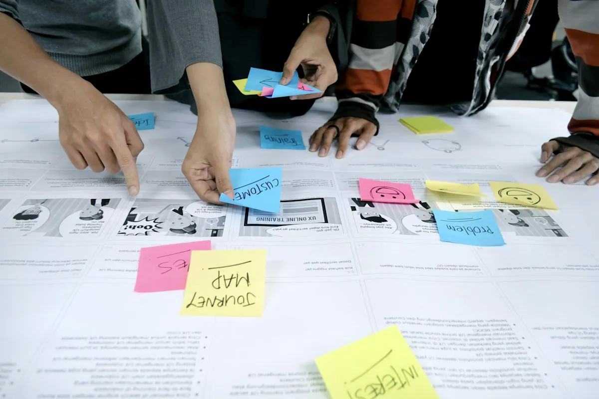 A team mapping tasks and problems with sticky notes on a large sheet, the way a training needs analysis starts