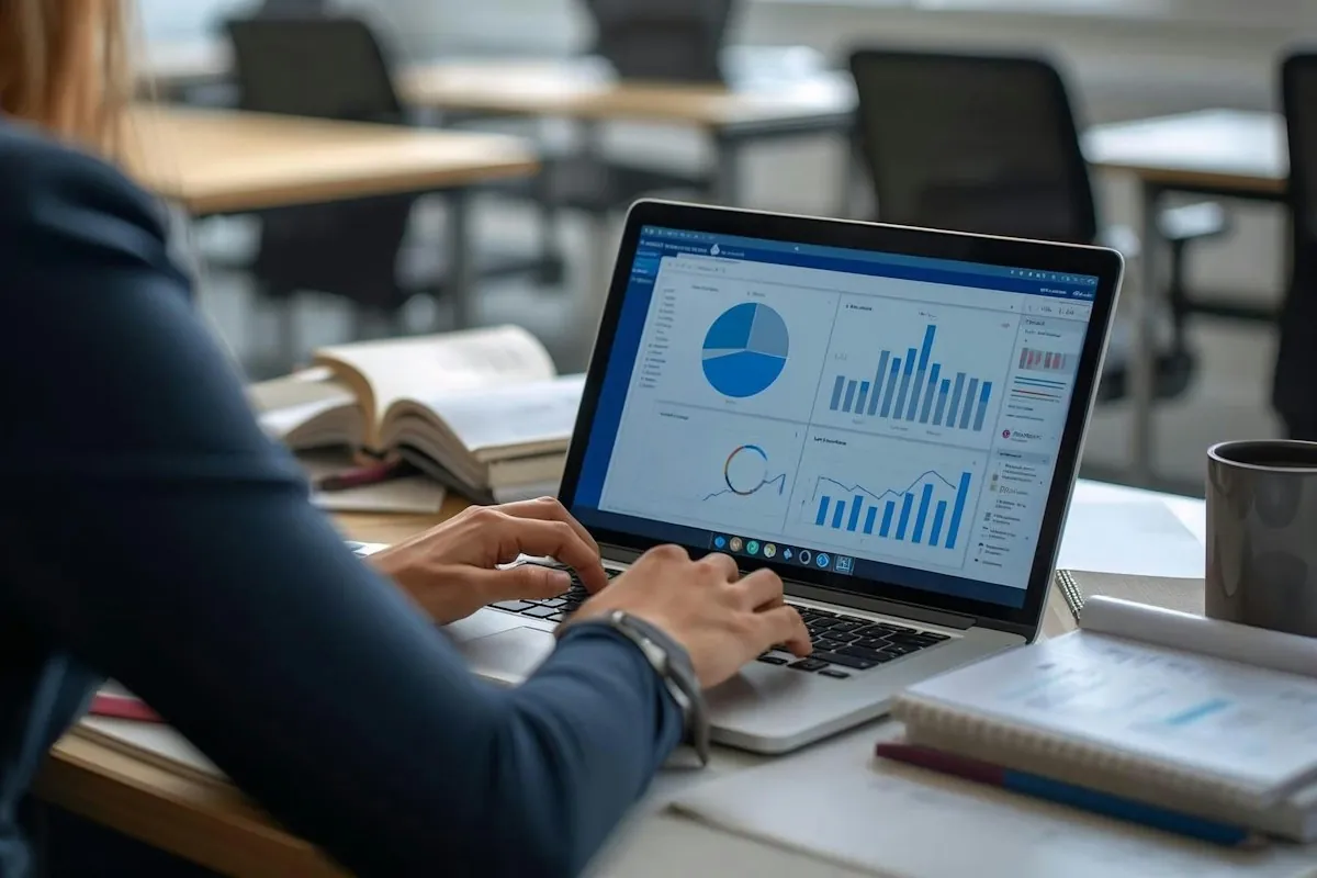 An analyst reviewing charts on a laptop, the kind of learning and business data a training ROI study compares